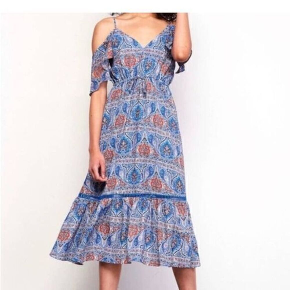 Jack by BB Dakota Marrakesh Printed Midi off shoulder Dress True Blue Medium NWT